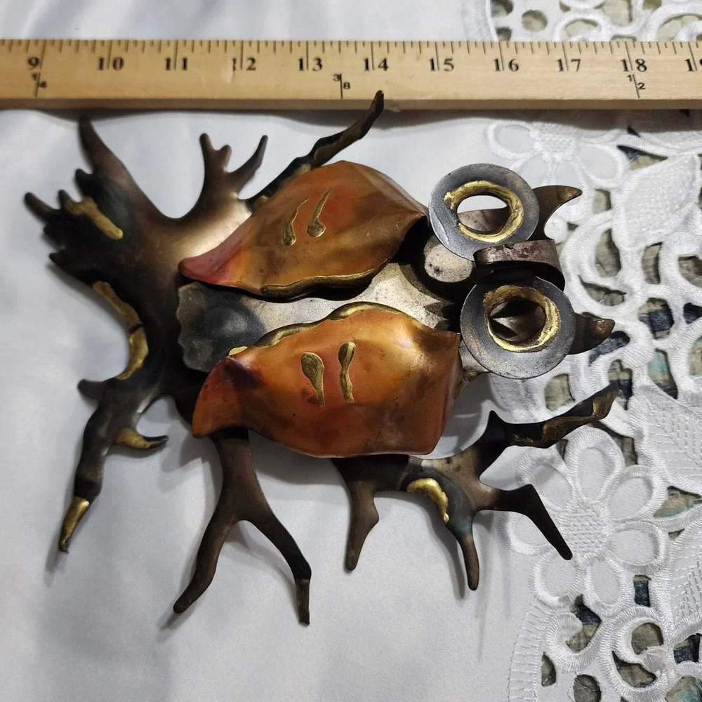 Vintage Brutalist Metal Owl Wall Art Set Mid Century Modern Copper Brass Tones